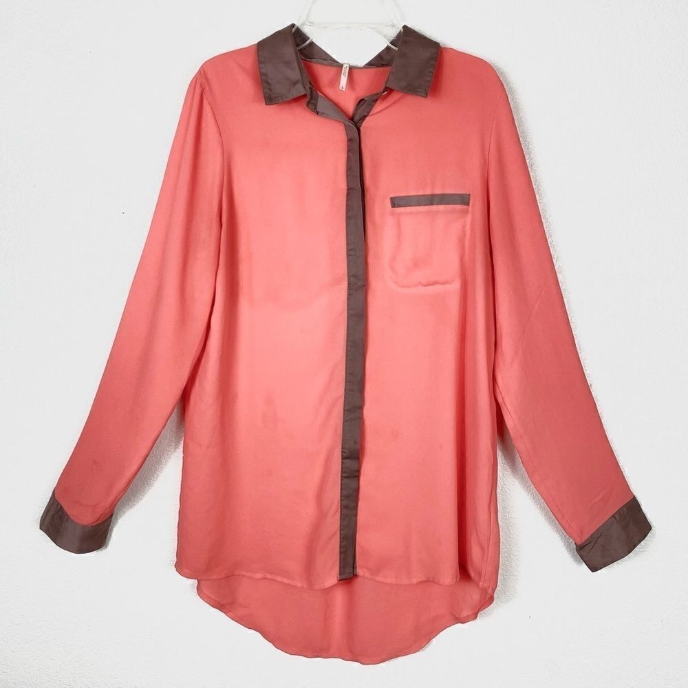 Free People Salmon Pink & Tan Long Sleeve Button Up Blouse Shirt Size S